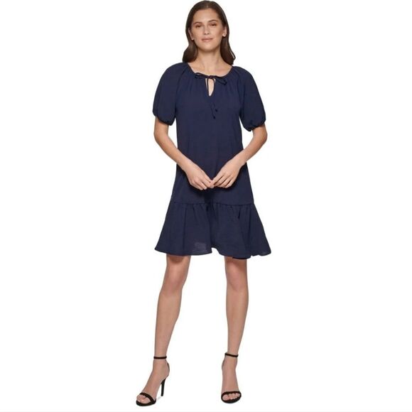 Dkny Women's Navy Blue Drop Waist Ruffled Hem Trapeze Midi Dress Nautical - Picture 1 of 11